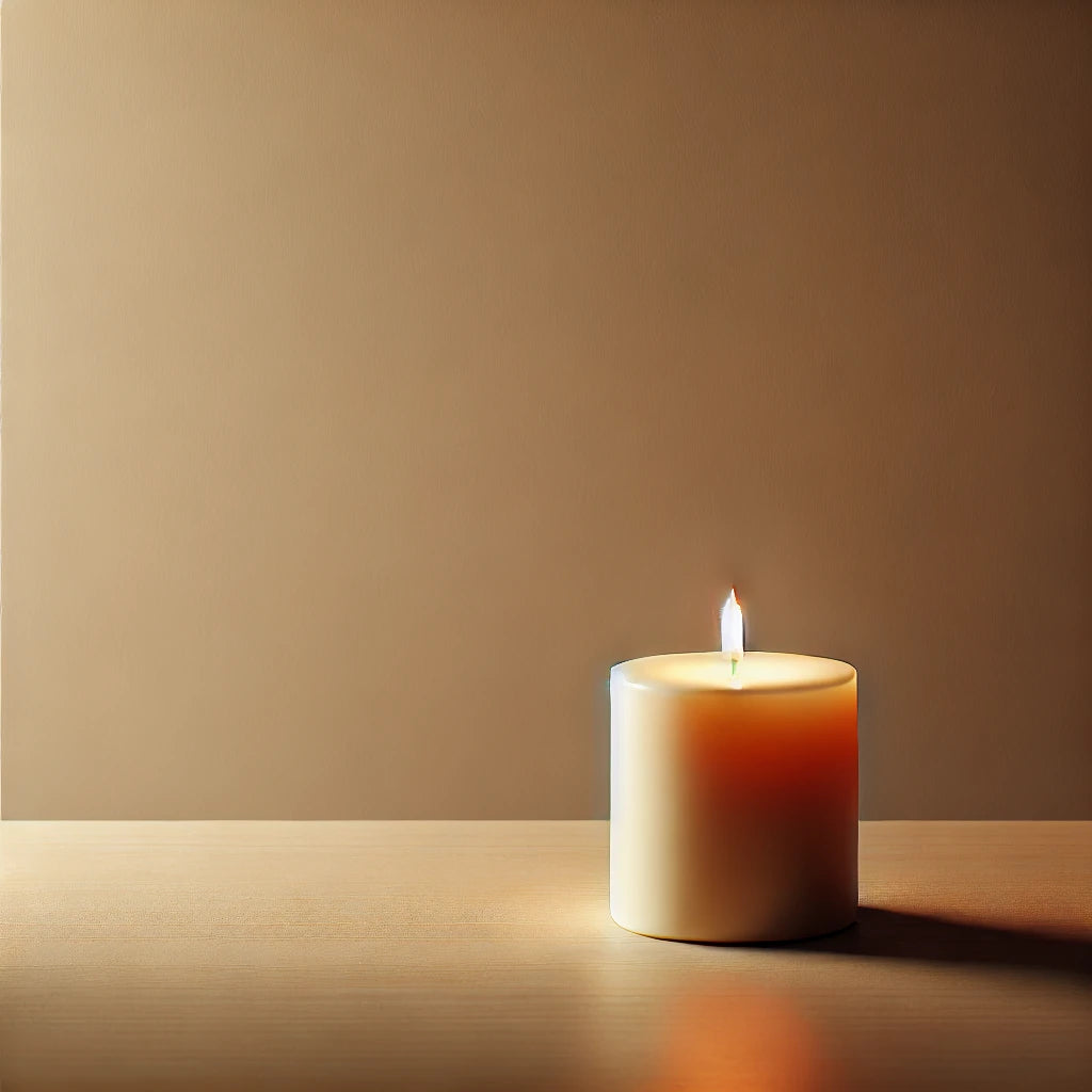 A single candle glowing softly with amber light on a smooth wooden surface, creating a minimalist and calming atmosphere.