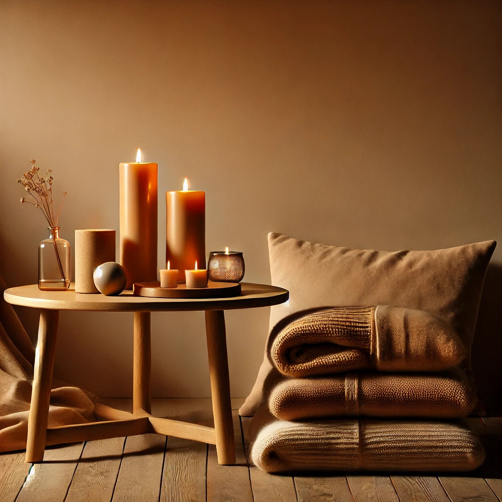 warm and inviting decor with softly glowing candles on a wooden table, complemented by neutral-toned blankets for a calming setting. 