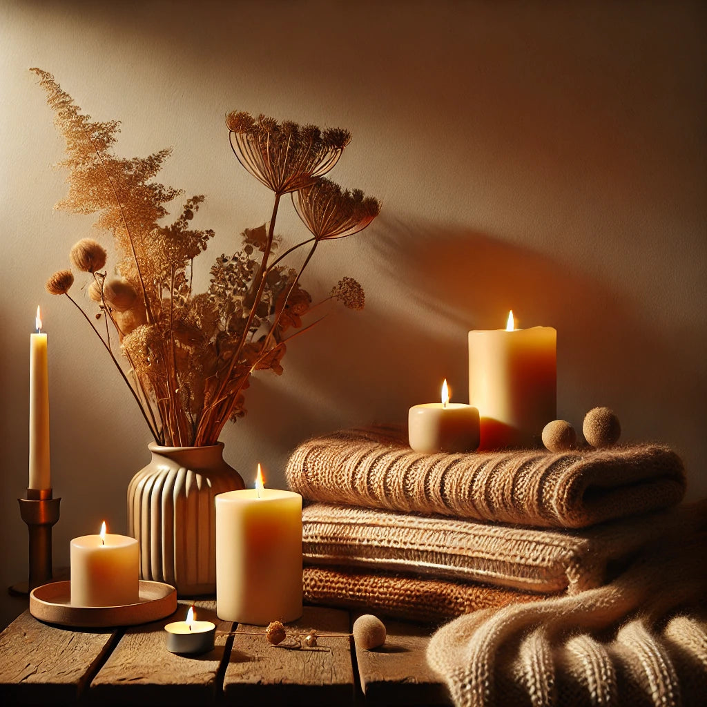 Warm and calming decor with glowing candles, a folded blanket, and dried flowers on a wooden surface, creating a peaceful atmosphere.