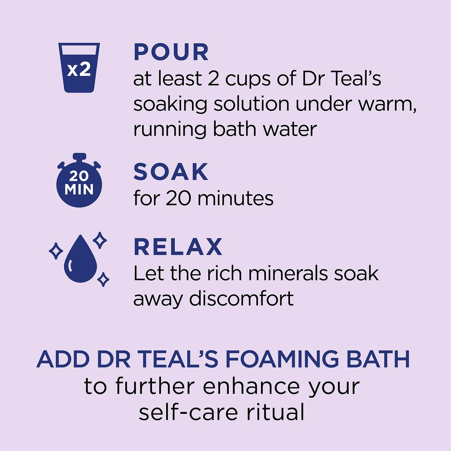 Instructions for Dr. Teal's Lavender Epsom Salt Soaking Solution: Pour 2 cups under warm bath water, soak for 20 minutes, and relax as the minerals relieve discomfort and promote relaxation.